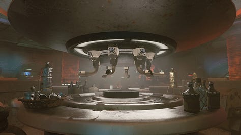 various photos depicting Makal’s Gambling Parlor, an in-universe cantina in Star Wars Outlaws