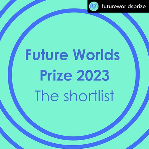 Turquoise images, the first with the words "Future Worlds Prize 2023, a photo of me and the name of my book (The Breath of Silence), plus a photo grid of the other finalists.