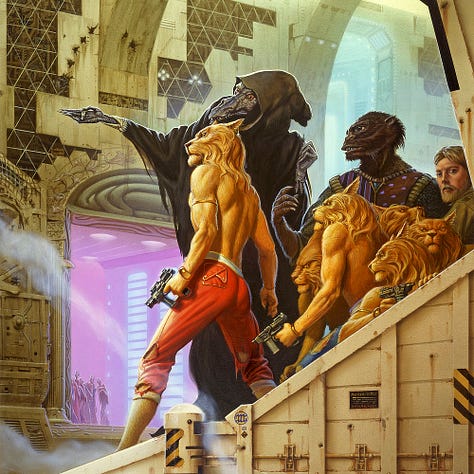 LEFT: Detail from CHANUR’S HOMECOMING featuring a tall alien in dark hooded robes pointing across a cavernous, futuristic space, giving directions to a group of furry humanoids with cat-like heads. CENTER: Character detail from CHANUR’S HOMECOMING featuring a group of Hani arrayed on the stairs with laser pistols drawn and muscles flexed. Each has a series of gold rings on their cat-like ears. One stares back a bearded blonde human who bears a resemblance to the artist. RIGHT: Background detail from CHANUR’S HOMECOMING featuring a group of tall, slender aliens with blue, bulbous eyes cowering as they stare over at the action in the foreground from a vast archway. They each wear a unique gown with subtle stripes and patterns.