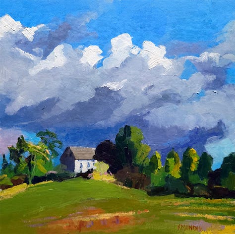 Two landscape paintings and a still life painting