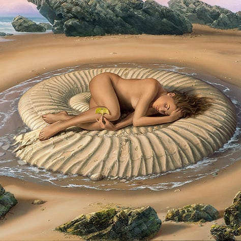 LEFT: Detail from KAIROS featuring a naked woman lying on a large ammonite fossil. Water forms a ring around the spiral as it retreats in a line exiting over the smooth sand. CENTER: Close detail from the figure study for KAIROS featuring the gingko leaf which is actually the larger split fan of the leaf with another small leaf overlapping in front. RIGHT: Closer detail from KAIROS featuring the ginkgo leaf against the smooth skin of the woman’s calf. Small shards crack off the ammonite as the water retreats over smooth sand. In the immediate foreground mossy rocks jut out of the sand.