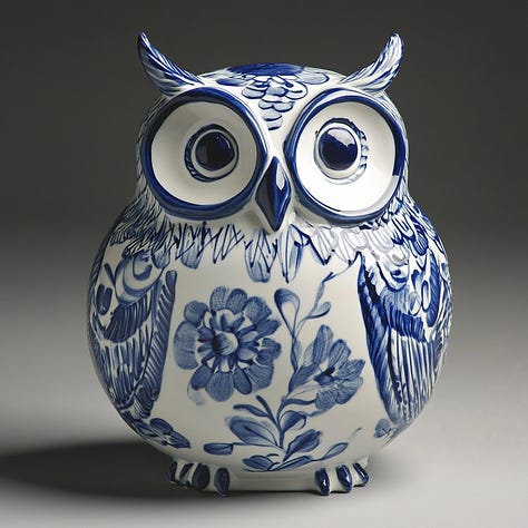 Sunflower, owl, hat + blue and white pottery in Midjourney