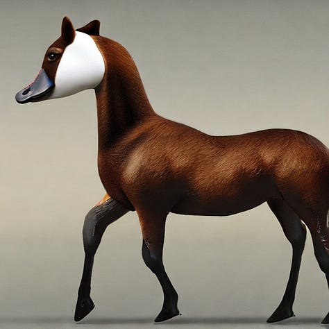 Simulated photographs of a horse that is also a duck