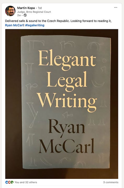 More social media posts and notes about Ryan McCarl's Elegant Legal Writing