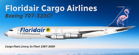 A selection of historic Floridair passenger aircraft: 1) Douglas DC-8-53CF; 2) Douglas DC-8-73CF; 3) Boeing 707-320CF; 4) Boeing 727-200CF; 5) Boeing 757-200BCF; and 6) Boeing 767-300BCF - all shown in side view.