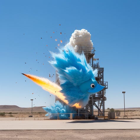 Rockets resembling Twitter bird mascot exploding on a launchpad.