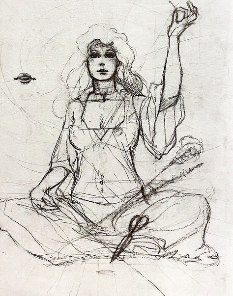 LEFT: Detail from NIOBE featuring a woman in a black pinstripe dress seated with her legs crossed as she carefully measures thread. The neckline of her dress is held together by ornament that resembles a spider. A web is featured prominently behind her with her head at the center. CENTER: Preliminary sketch for NIOBE featuring a woman seated as she measures a "thread of life" drawn between pinched fingers, one end in her lap and the other stretched to over her head. A pair of scissors rests against her leg. RIGHT: Color study for NIOBE executed in rough detail. The figure is faceless but she's in a black dress and is delicately measuring a thread pink with a golden spider web behind her.