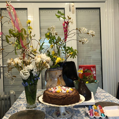 Images of Easter - a pond, flowers a cake