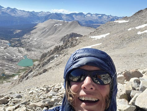 images of the granite and greenery of the majestic southern Sierra Nevada: Melanie and John at a bridge, PCT sign posts, mid-day nap,storm clouds coming, and atop Mt. Whitney at 14,505 feet