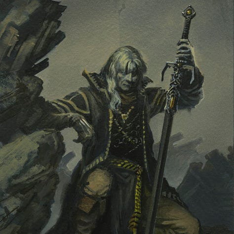 LEFT: Brush marks on palette that served as the initial prompt for CHAOS ABIDES. CENTER: Detail from CHAOS ABIDES featuring Elric on one knee resting an arm on the stone next to him. His white hair is long and straight. He holds Stormbringer by the grip pointed down. His jacket is black with gold trim. The end of a striped belt dangles loosely. His leather boots ride nearly to knee height of his tan trousers. RIGHT: Detail from CHAOS ABIDES featuring the tip of Stormbringer planted in the red circle at the heart of the symbol of chaos. On yellow cloth, eight black arrows radiate in all directions.