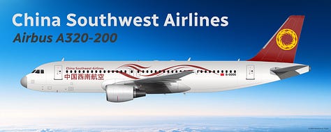 The current China Southwest Airlines fleet: 1) Comac C919, 2) Airbus A321LR, 3) Airbus A320neo, 4) Airbus A320-200, 5) Aria T102 Transonic, 6) Airbus A319-100.