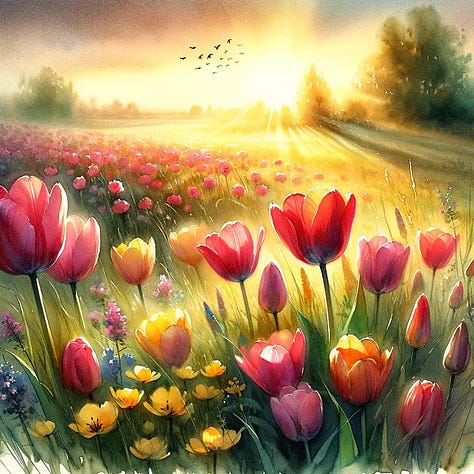 Tulips in a meadow, parrot on a branch, woman pencil sketch, abstract shapes, ice cream shop logo, banner that says "digital art" created by DALL-E 3