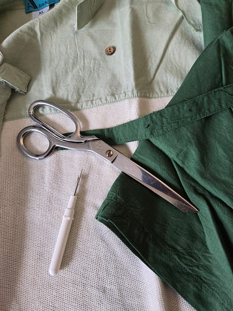 A grid of 6 images showing the deconstruction and reconstruction process: 1) scissors and a seam ripper on top of shirt pieces, 2) a panel of a shirt front in light green, 3) fabric pieces being pinned together, 4) fabric underneath the sewing machine foot, 5) a ball of dark green and light green threads, and 6) Ayana ripping seams at a worktable.