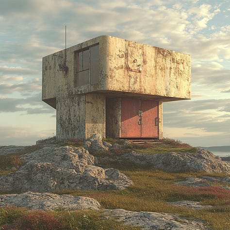 Brutalist hut, mansion, and tower in Midjourney