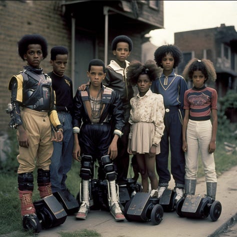 Grid of nine images featuring a wide range of Black people in an imagined Detroit future.
