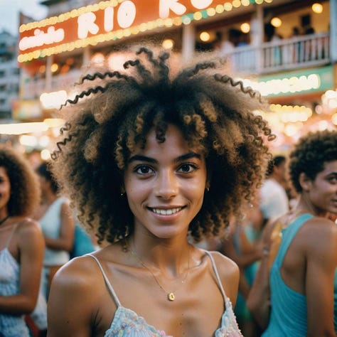 Brazilian woman at a Carnival parade, man holding an umbrella near the London Bridge, woman sitting at a cafe table.