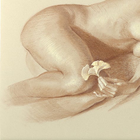 LEFT: Detail from KAIROS featuring a naked woman lying on a large ammonite fossil. Water forms a ring around the spiral as it retreats in a line exiting over the smooth sand. CENTER: Close detail from the figure study for KAIROS featuring the gingko leaf which is actually the larger split fan of the leaf with another small leaf overlapping in front. RIGHT: Closer detail from KAIROS featuring the ginkgo leaf against the smooth skin of the woman’s calf. Small shards crack off the ammonite as the water retreats over smooth sand. In the immediate foreground mossy rocks jut out of the sand.