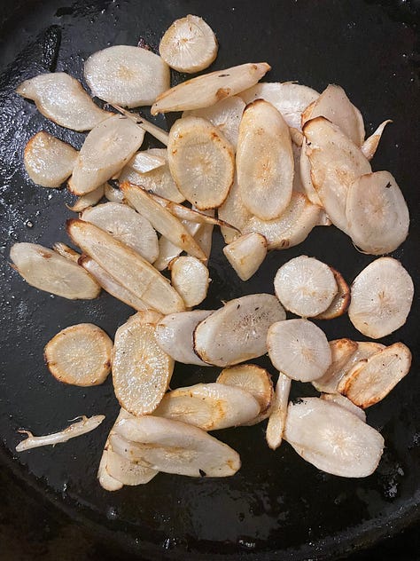 Left/top Sliced burdock root, center,  tossed in a pan with bacon fat, Left/bottom,  stir fried to desired doneness. 