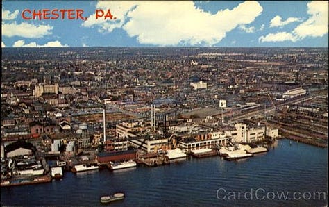 Carousel of images showing downtown Chester in the 1930s, Chester today, the soccer stadium development, and electric treatment plant.