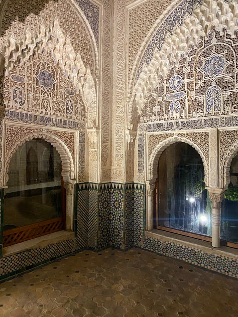 9 photos showing various views of interior parts of the Alhambra. Details of the Islamic calligraphic writing and various patterns carved into the walls.