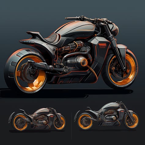 Motorbike, vase, robot + concept design sheet MJ prompt