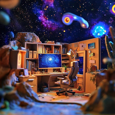 miniature diorama cardboard office workspace with ai collaboration in cosmic and psychedelic landscape