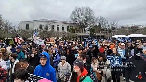 Three images show a small group of people disguised in black moving along the right side of the crowd.