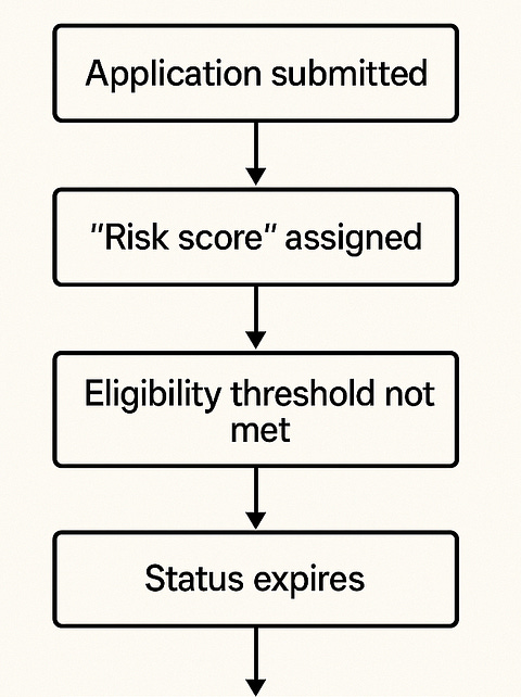 Flowchart: application submitted, “risk score” assigned, eligibility threshold not met, status expires