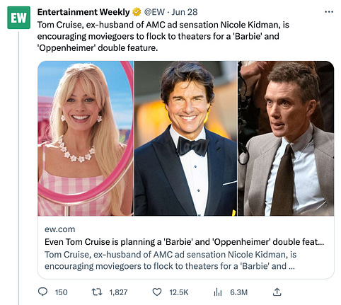 Original tweet from EW that refers to Tom Cruise as the ex-husband of AMC ad sensation Nicole Kidman