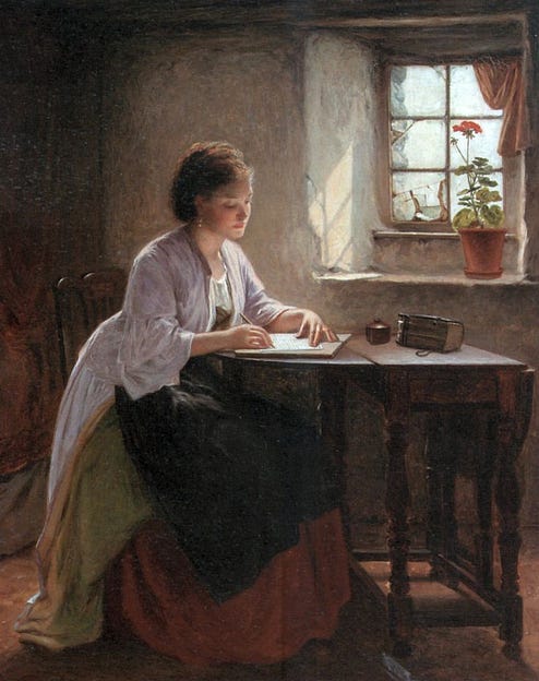 This may contain: a painting of a woman sitting at a table