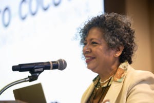 Woman at microphone