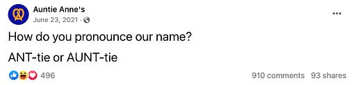 facebook post asking "how do you pronounce our name? ant-tie or aunt-tie"