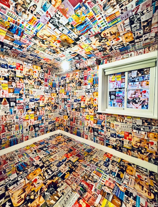 A room plastered with cut out magazine ads