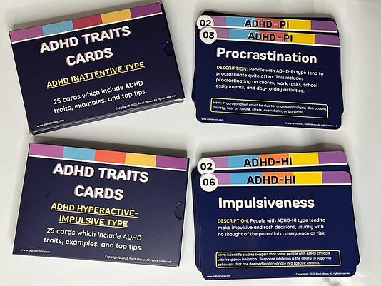 . With two description cards for procrastination and impulsiveness next to it . With two description cards for procrastination and impulsiveness next to it