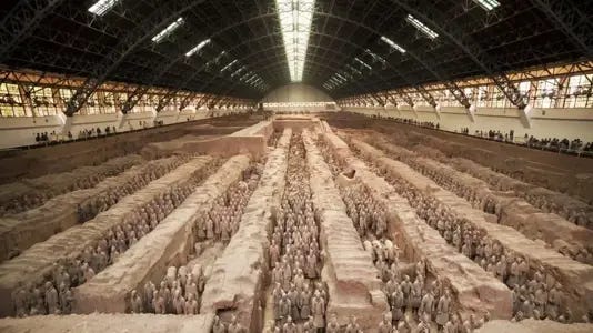 The tomb of Qin Shu Huang, who ruled from 221 BC to 210 BC, is guarded by a terracotta army of soldiers and horses