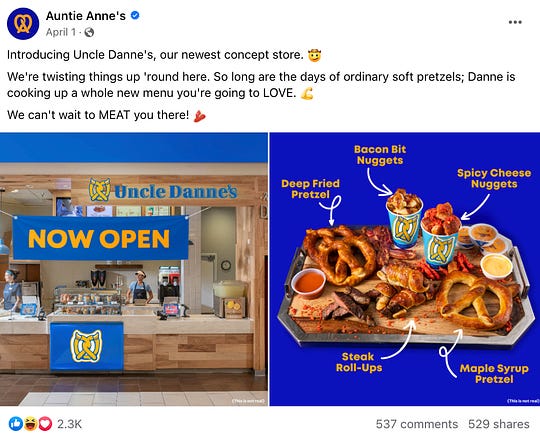 facebook post from auntie anne' on april fools that introduces a fake concept called "uncle danne's"