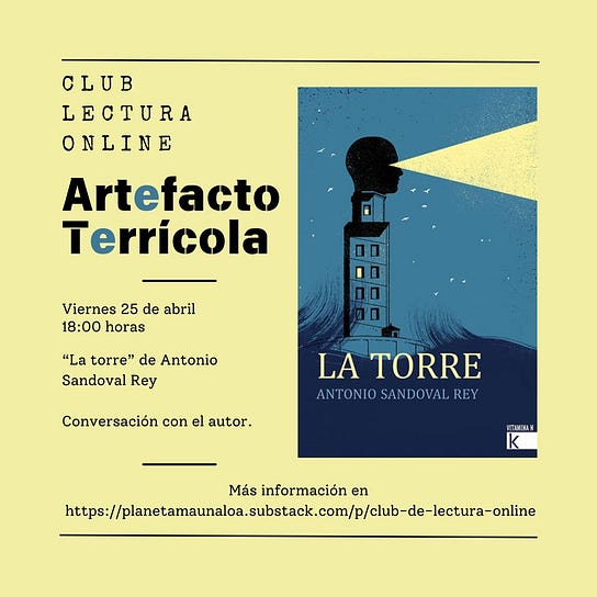 imagen de anuncio del club de lectura online, en la que se ve la portada del libro La Torre y la informacion para apuntarse