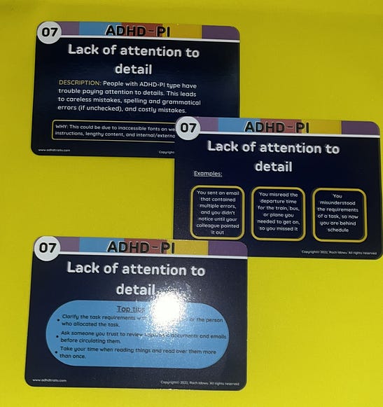 Three flashcards titles lack of attention to detail. Each card includes a description, examples, and top tips. Three flashcards titles lack of attention to detail. Each card includes a description, examples, and top tips.