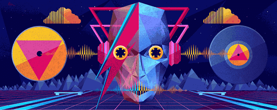 A futuristic floating head, alongside music devices and waveforms.