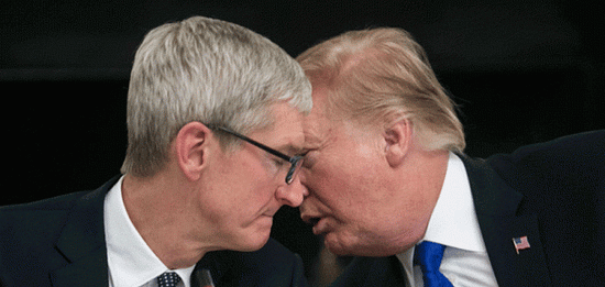 Apple CEO Tim Cook (left) confers with U.S. President Donald Trump in September 2019