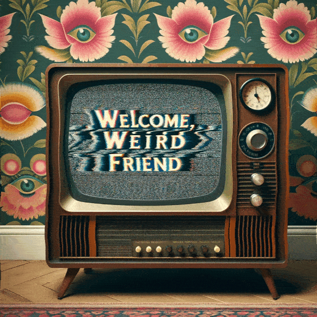 "welcome, weird friend" on a glitchy old tv set, with an eye/flower patterned wallpaper behind.