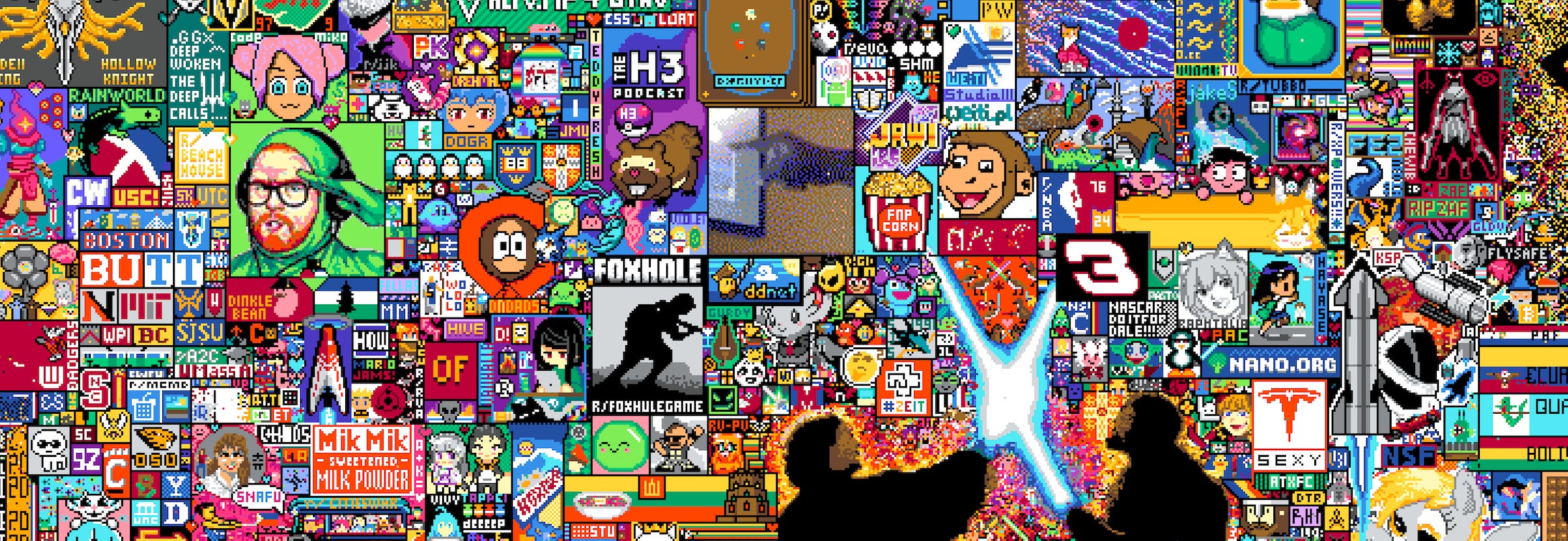A vast mural of pixel art containing many different things, including a rocket, Kenny from South Park, and some jedis having a lightsaber fight. It’s garish, but also surprisingly dense and interesting.