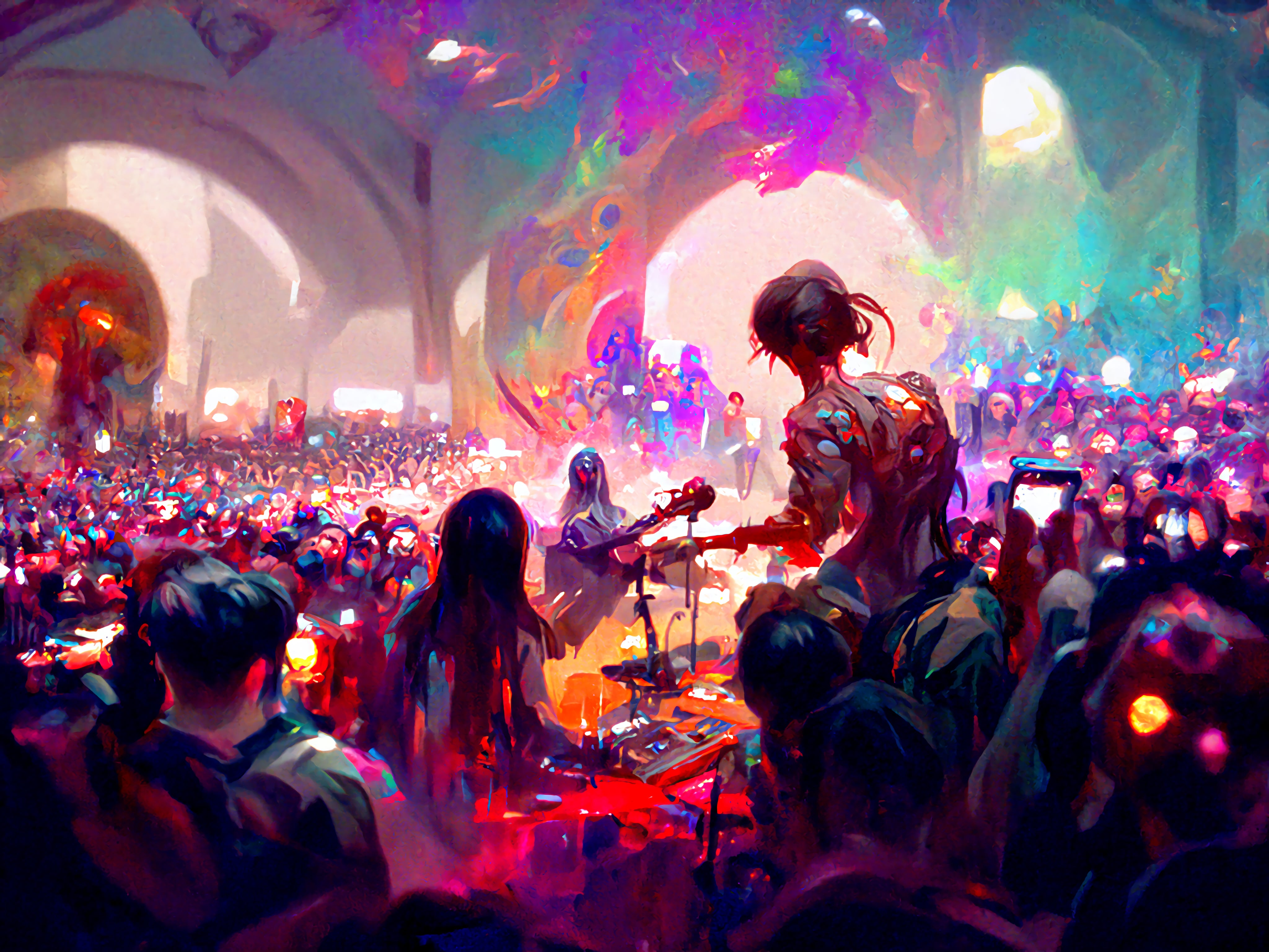 A psychedelic painting of a futuristic concert with 3D projections