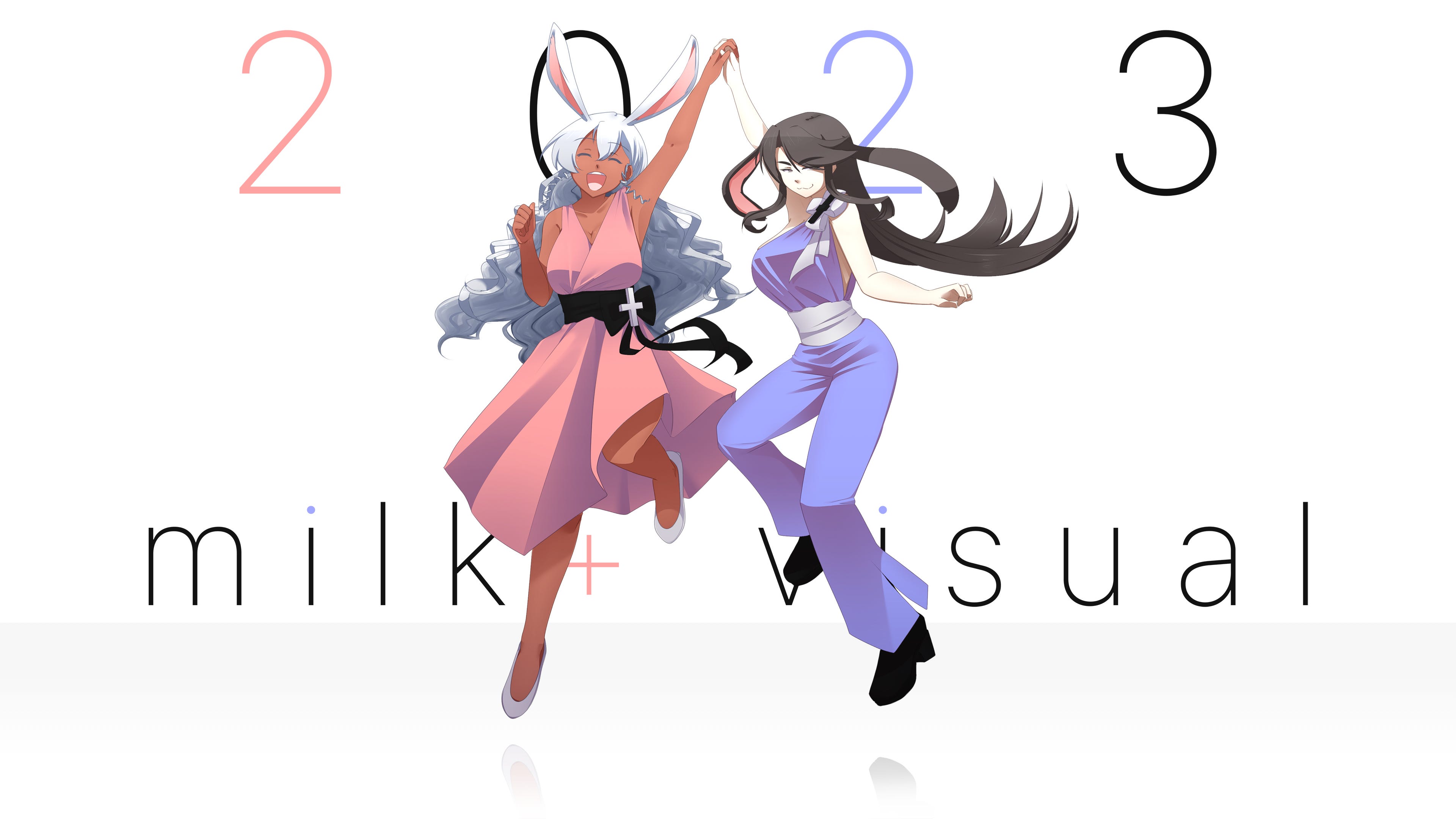 image of milk+ visual mascots magenta milk and monochrome matrimony in blue and pink new years outfits and bunny ears jumping in the air as they hold hands. behind them is the text 2023 and milk+ visual
