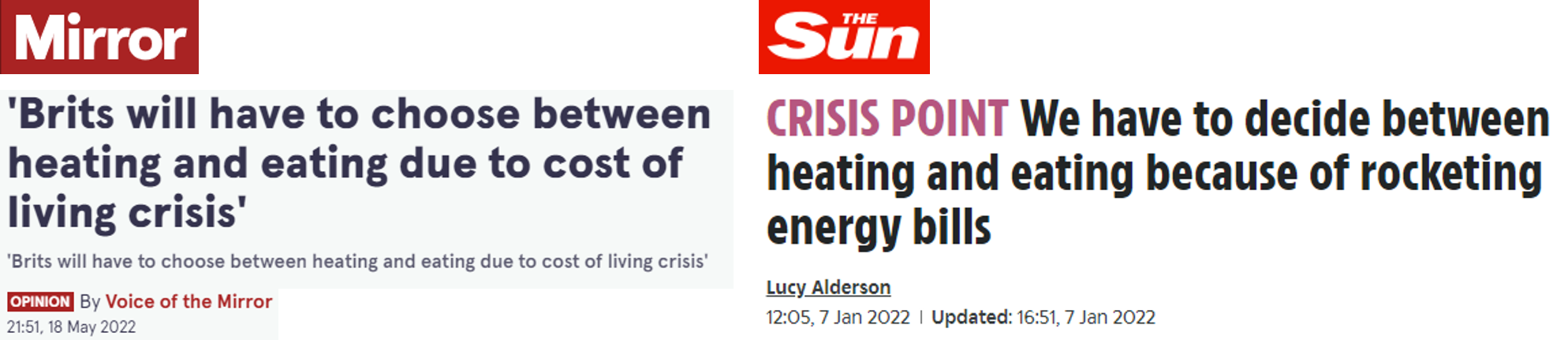 British tabloid headlines warning of a looming choice between 'heating and eating'