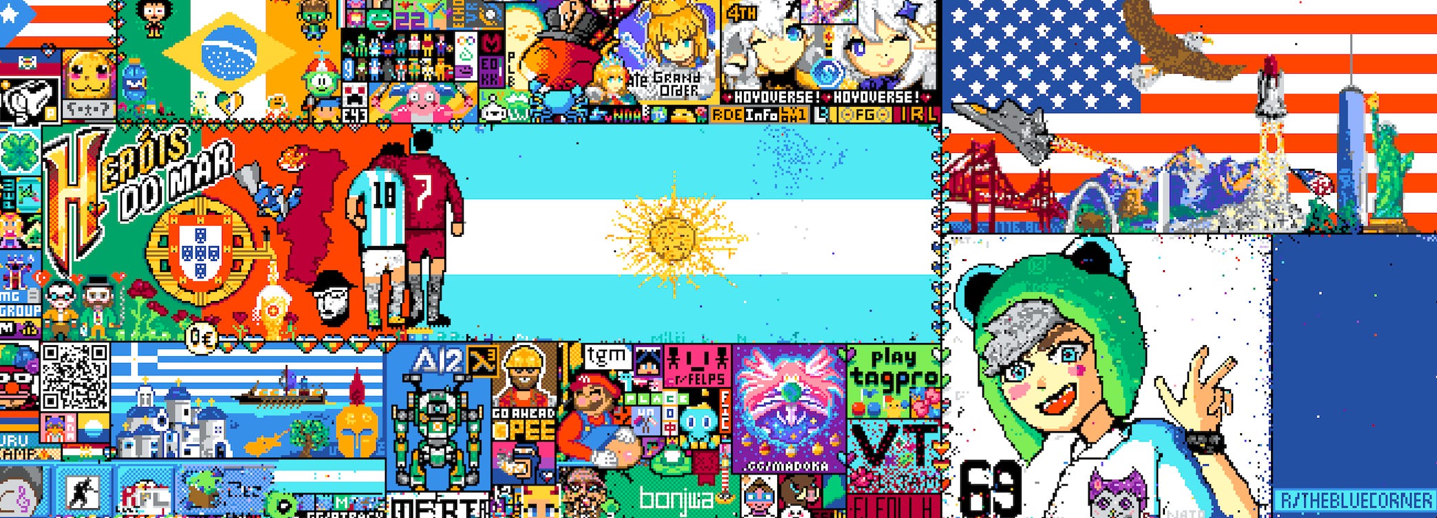 More of the chaotic r/place canvas, with a large blue rectangle in the bottom right corner, and a recreation of the Argentinian flag.
