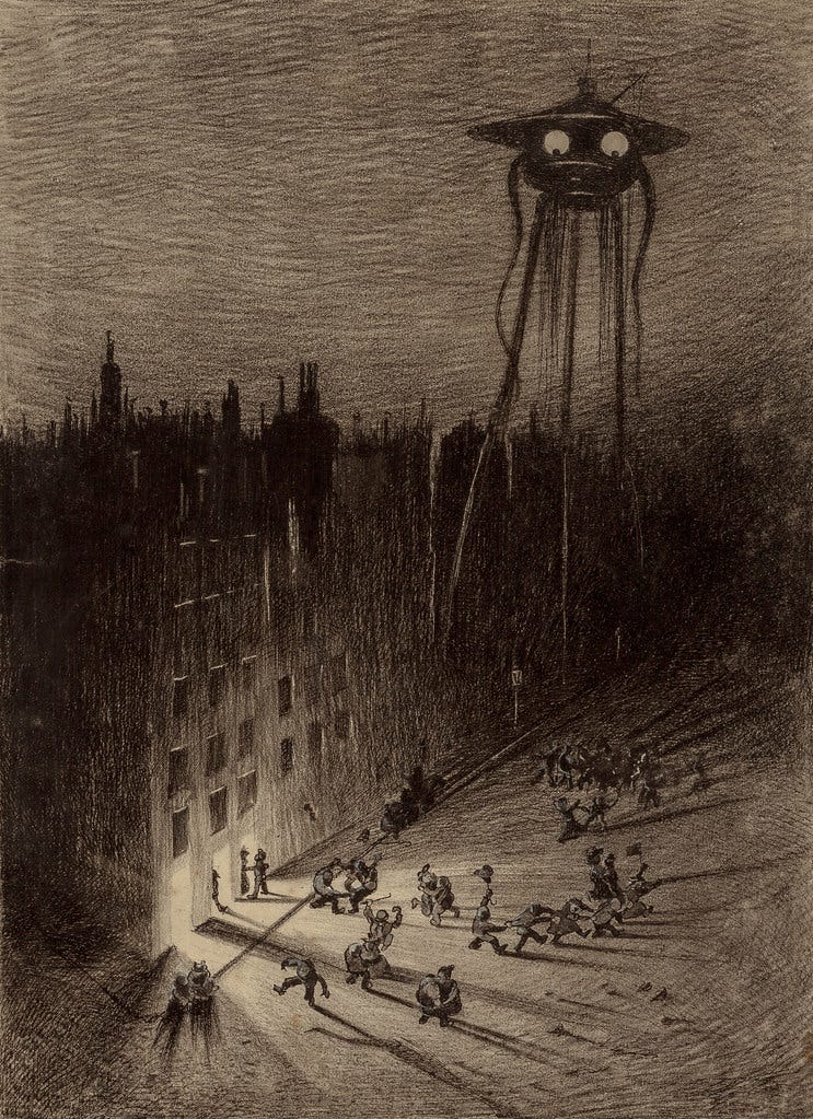 HENRIQUE ALVIM CORRÊA -Martian Viewing Drunken Crowd, from The War of the Worlds, Belgium edition, 1906 (illustration from Book II - The Earth Under the Martians, Chapter VII - "The Man on Putney Hill,")