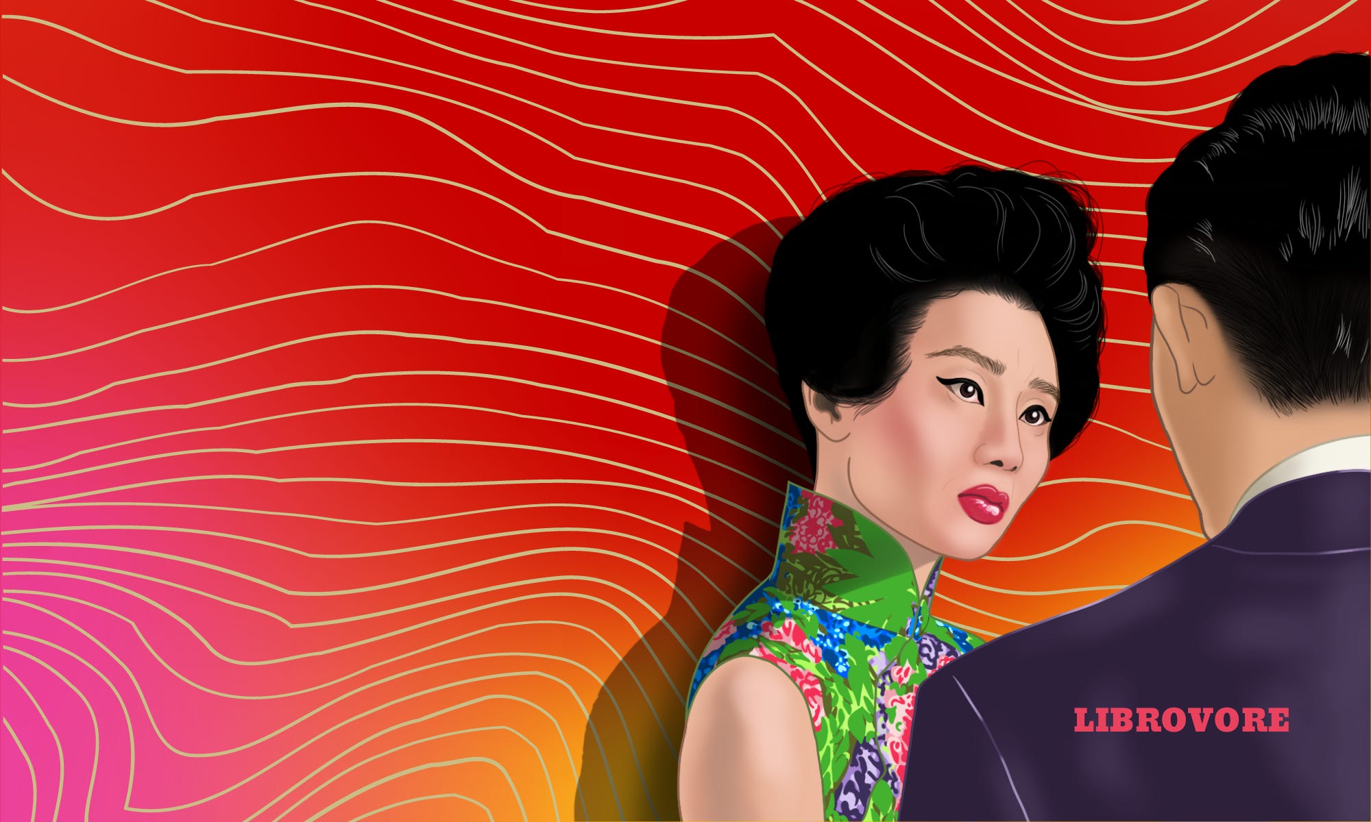 illustration of Chinese man and woman staring intensely at each other with an abstract red background