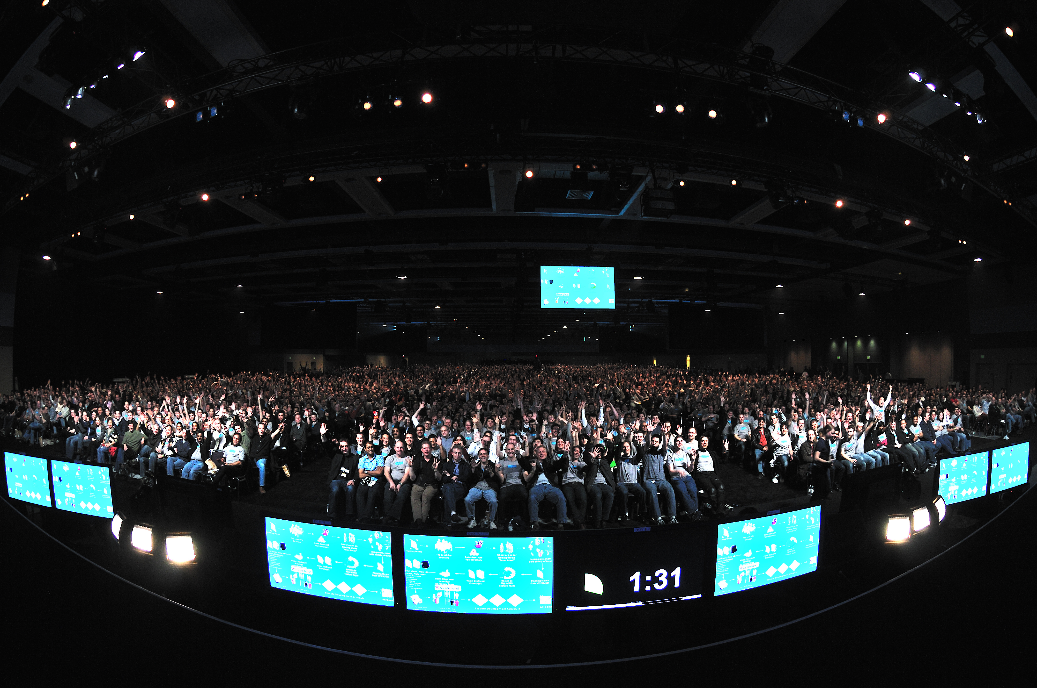 Wide angle photograph of the entire Windows 8 team gathered for the vision meeting in Seattle on March 24, 2010. Photo is taken from the stage.