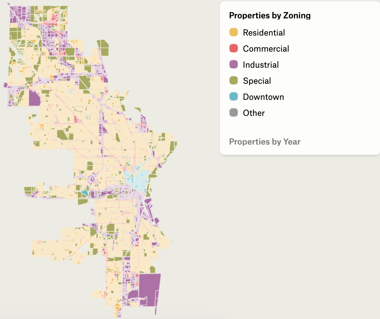 Map of the City of Milwaukee colored by zoning district